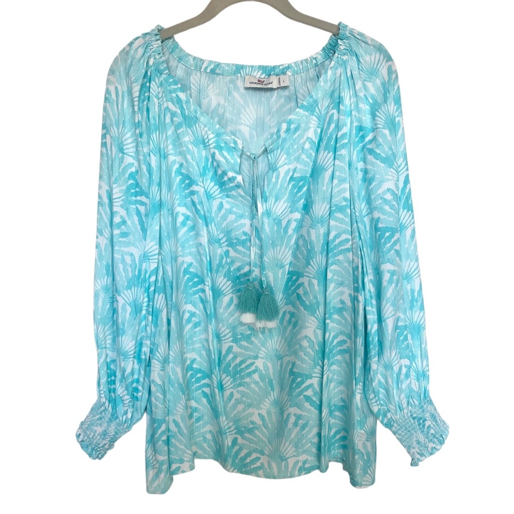 Vineyard Vines Traveling Palm Popover Top Sz L Blue